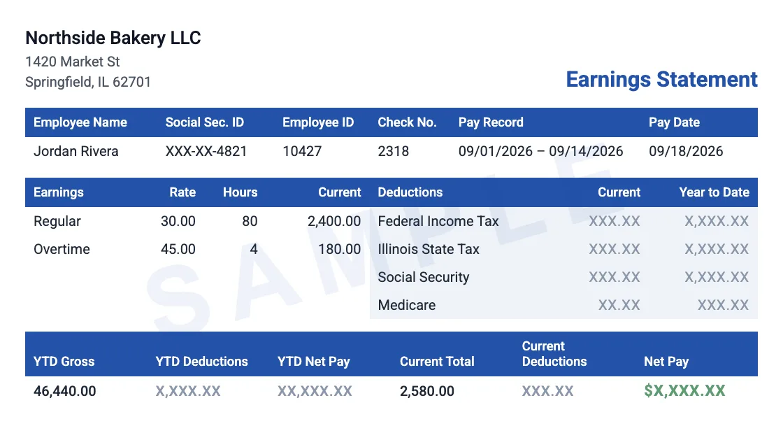 Sample pay stub made with the paystub maker, showing the employer and employee details, earnings, taxes, deductions, net pay and year-to-date totals