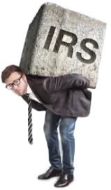 a corporate caucasian man carrying a huge boulder of stone that says irs on his back.